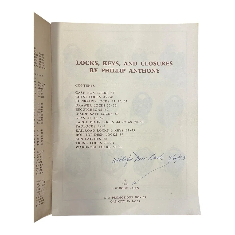 Locks Keys Closures w Prices Phillip Anthony 1984 Reference Book‎